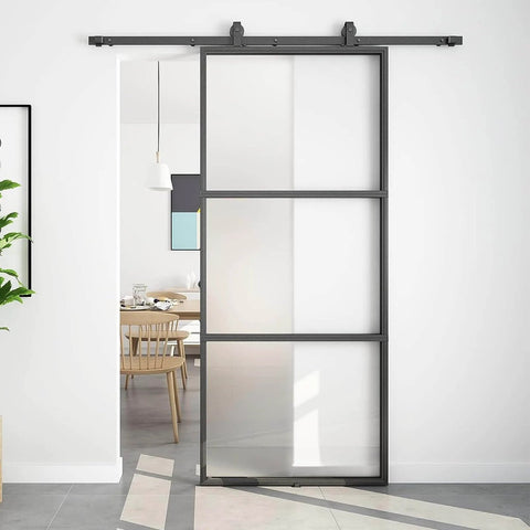 Dope 36-Inch By 84-Inch Frosted Glass Barn Door With Six-Foot Top Mounted Hardware Kit on bathroom wall