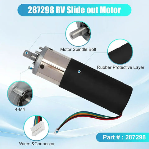Close-up of Two Pack 287298 RV In Wall Slide Out Motor with labeled parts, compatible with Lippert Schwintek system, part 287298.