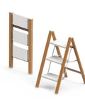Grab-and-Go 3 Step Folding Aluminum Ladder With Non Slip Wide Steps For Easy Home Reach, Lightweight Yet Durable Step Stool For Kitchen Closet Bedroom, Supports Up To 330 Lb, Woodgrain Finish, folded and open views