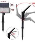 Diagram of Super Bright Solar Spotlight With 36 LEDs, RGB Color Changing Outdoor Landscape Lights showing adjustable angles and dimensions.