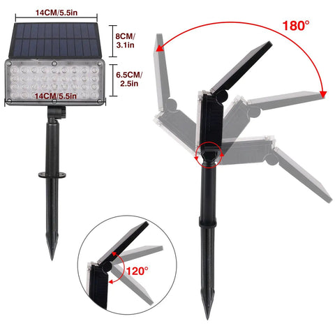 Diagram of Super Bright Solar Spotlight With 36 LEDs, RGB Color Changing Outdoor Landscape Lights showing adjustable angles and dimensions.
