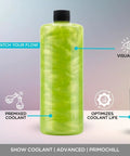 Heavy Duty Computer Water Cooling Coolant Featuring Sick Show Visual Flow And Killer Corrosion Guard For Your Custom Battlestation Loop With Smooth Non Transparent Green Mix in a clear bottle with a black lid.