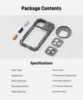 Package contents of Phone Cage Rig for iPhone 17 Pro Max With Quick Release Stabilizer Kit, 67mm Filter Ring, T Mount Adapter, 4 caps