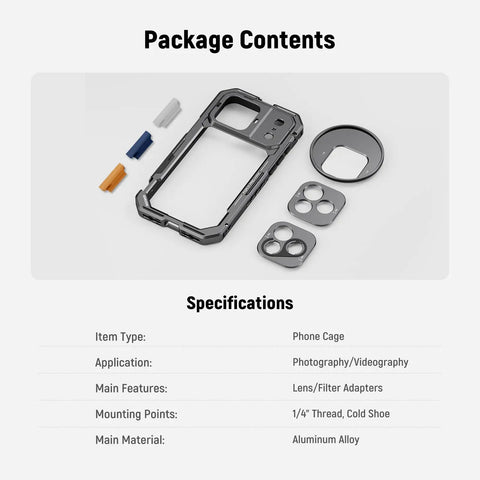 Package contents of Phone Cage Rig for iPhone 17 Pro Max With Quick Release Stabilizer Kit, 67mm Filter Ring, T Mount Adapter, 4 caps
