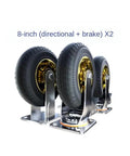 Smooth As Butter Eight Inch Heavy Duty Stem Mounted Casters With Dependable Squeeze Brakes Silent Rolling Rubber Wheels Easy Swivel Steering For Gritty Garage Workbench Upgrades with shiny gold rims and silver mount.