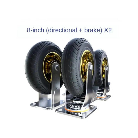 Smooth As Butter Eight Inch Heavy Duty Stem Mounted Casters With Dependable Squeeze Brakes Silent Rolling Rubber Wheels Easy Swivel Steering For Gritty Garage Workbench Upgrades with shiny gold rims and silver mount.