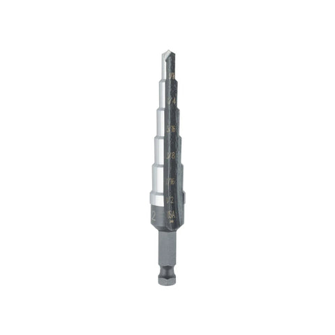 Close-up of a Heavy Duty Step Drill Bit Set Four Piece For General Purpose Drilling Do It All DIY Pro Grade with etched size marks.
