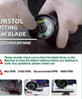 Person handling Kurstol cutting saw blade for mini grinders, showing RPM guidelines and safety advice