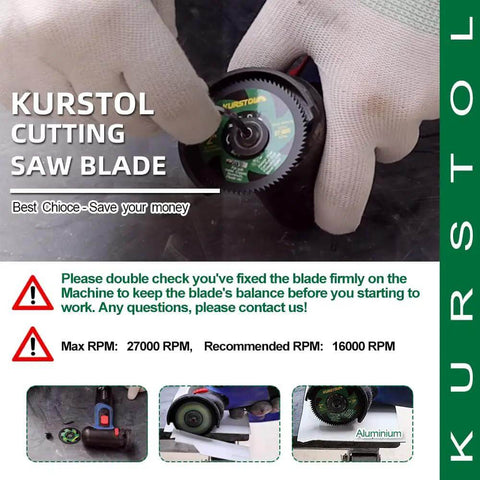 Person handling Kurstol cutting saw blade for mini grinders, showing RPM guidelines and safety advice