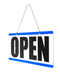 Front view of Double-Sided Closed Sign With Clock And Will Return Indicator, showing 'Open' side with hanging chain.