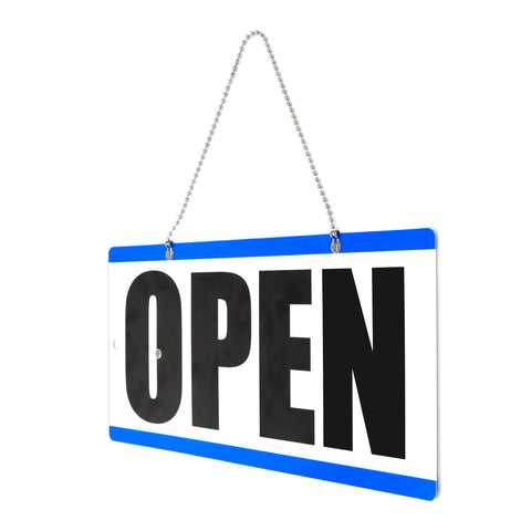 Front view of Double-Sided Closed Sign With Clock And Will Return Indicator, showing 'Open' side with hanging chain.