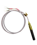 Angled front view of 750mV thermocouple for gas fireplaces; braided white cable, fork terminals, brass connector, 24-inch length