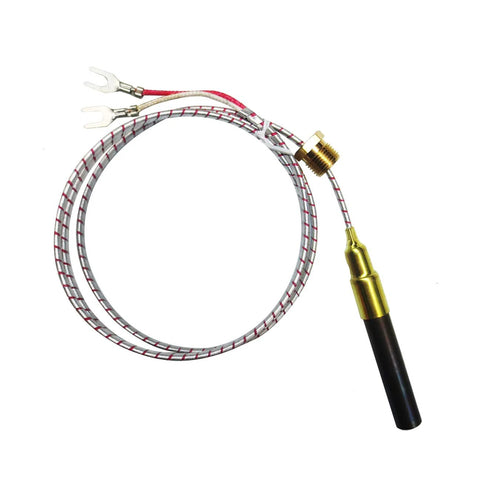 Angled front view of 750mV thermocouple for gas fireplaces; braided white cable, fork terminals, brass connector, 24-inch length