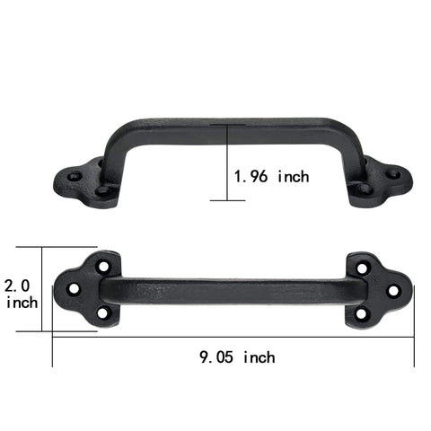 Rustic 9 Inch Cast Iron Sliding Barn Door Handle 2 Pack Black Vintage Gate Pull For Interior Doors Cabinets Drawers Outdoor Garage Closet Durable Cast Iron Construction Rust Resistant Matte Black Finish Easy Install Antique Style Hardware For Barn Doors, dimensions shown.