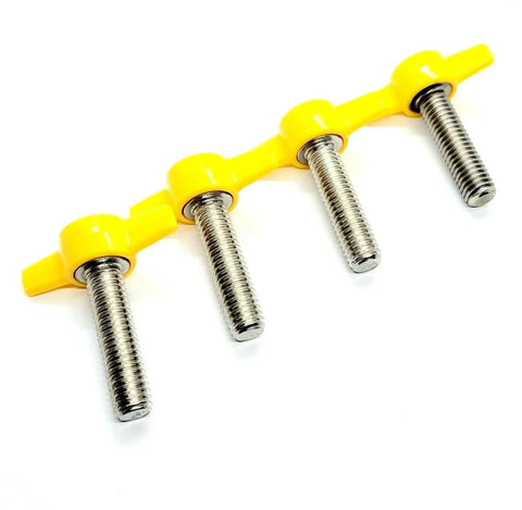 Three Eighths Inch Thumb Screw T Bolts With Yellow Tee Wing Plastic Clamping Knob And 304 Stainless Steel Rust Proof Coarse Thread For Indoor Outdoor Four Pack One Inch, shown from angled view with yellow knobs.