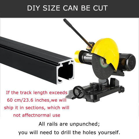 Concealed track sliding door kit with uncut aluminum alloy track and saw, highlighting DIY cut size option.