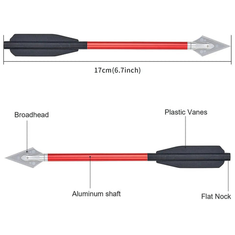 Pro Grade Premium Aluminum Crossbow Bolts Set 6.7 Inch With Sharp Broadhead Tips showing red shaft and black vanes