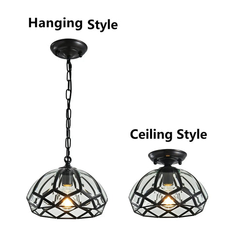 Vintage Copper Diamond Flush Mount Ceiling Light With Glass Diamond Shade Oil Rubbed Bronze Finish Retro Modern 2 In 1 Pendant Fixture