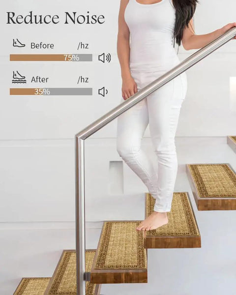 Person walking on wood stairs with Non Slip Stair Treads For Wood Steps Indoor 15 Piece PVC Backed Yellow Stair Carpet Mats