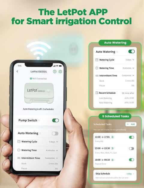 Smart Automatic Watering System For Potted Plants With Wi-Fi And App Control interface on smartphone display