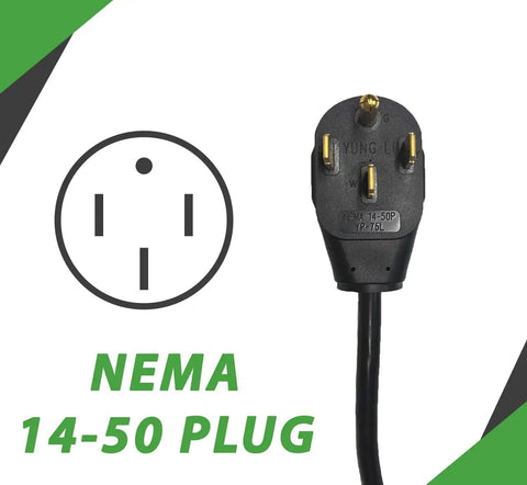 Plug And Play Level 2 EV Charger With 48 Amp Juice and Standard Household Outlet, showing NEMA 14-50 plug for home charging.