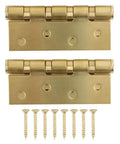Rock Solid Heavy Gauge Stainless Steel Door Hinges With Hydraulic Buffering And Brushed Metal Hardware Built Tough For Dead Quiet And Butter Smooth Cabinet Swinging, showing two gold hinges and screws.