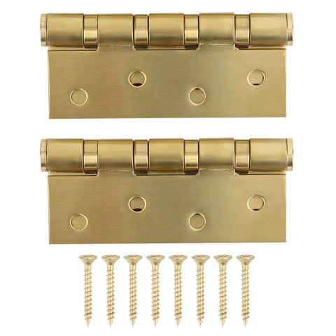 Rock Solid Heavy Gauge Stainless Steel Door Hinges With Hydraulic Buffering And Brushed Metal Hardware Built Tough For Dead Quiet And Butter Smooth Cabinet Swinging, showing two gold hinges and screws.