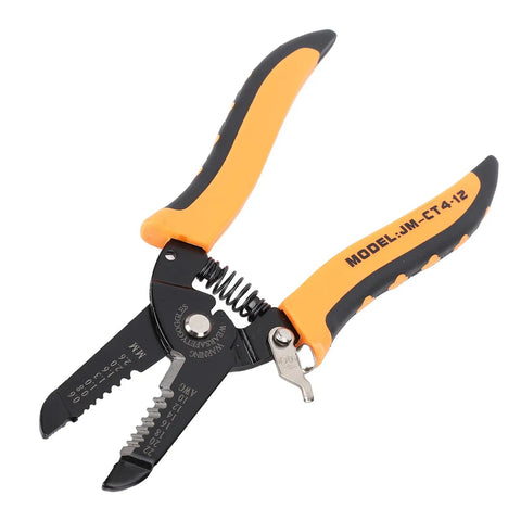 Tough As Nails Carbon Steel Wire Stripper Pliers With Safety Lock For 10 To 22 Awg Wiring Harnesses multi tool with orange and black grips.