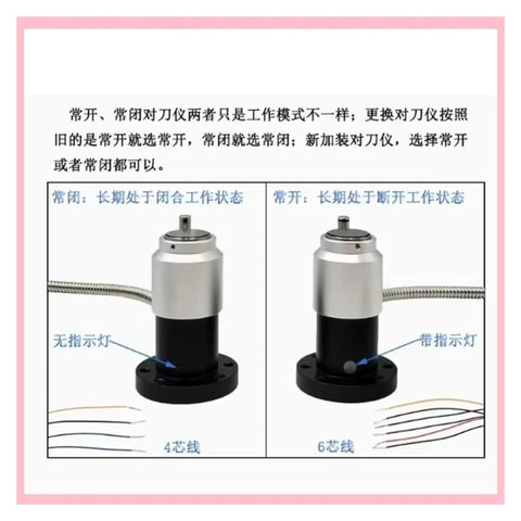 Heavy Duty CNC Automatic Tool Sensor Gauge And Knockout Z Axis Touch Probe with indicators, wiring detail, and dual operation modes.