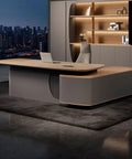 Slick L Shaped Computer Desk For Home Office Spacious Executive Workstation With Retro Modern Vibe, sleek wooden top and modern design.