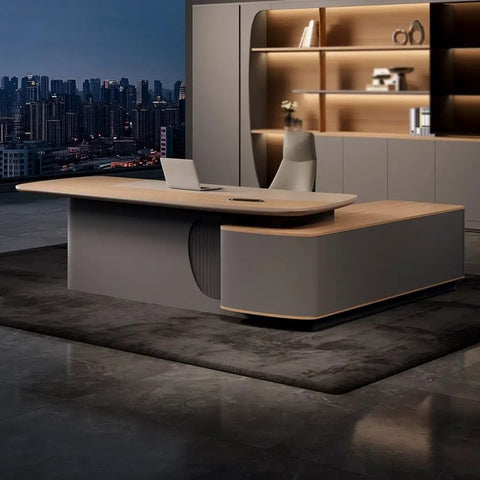 Slick L Shaped Computer Desk For Home Office Spacious Executive Workstation With Retro Modern Vibe, sleek wooden top and modern design.