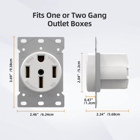 Heavy Duty Nema 14 50 Amp Flush Mount Range Outlet Featuring No Sweat Install Brass Contacts Galvanized Bracket And Rock Solid Grounded Socket For Kitchen Ev Setup Ul Listed White dimensions shown for one or two gang outlet boxes.