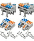 Workhorse 4 Pack 2 In 8 Out DIN Rail Terminal Blocks With 8 Removable Rail Clips For Quick Push In Wire Connections Ideal For Control Panels And Enclosures 600V 32A Rating Fits 0.08-4.0mm2 28-12 AWG, showing front view of blocks and clips