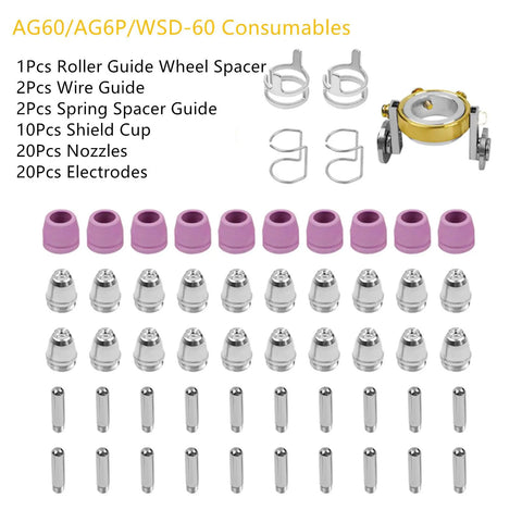 AG60P Plasma Cutter Torch Consumables Kit with 55 pieces showing nozzles, electrodes, shield cups, wire guides, and spacer guides