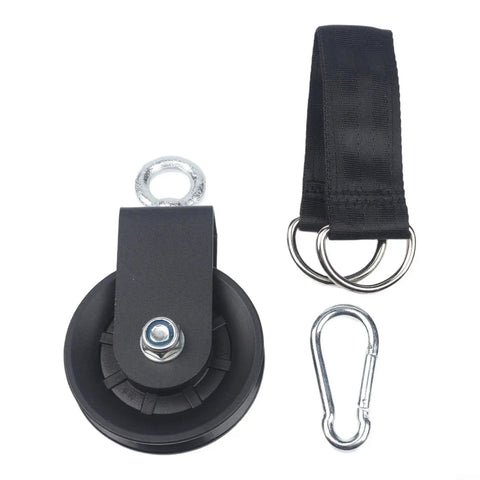 Beefy Quiet Bearing Pulley For Weightlifting Rope Traction With 360 Degree Rotation with sturdy metal frame and connectors