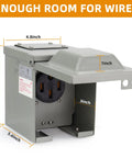 Ready To Roll 50 Amp Electric Vehicle Charging Outlet Box showing dimensions and lockable design for easy installation.