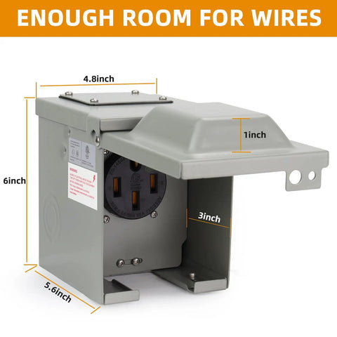 Ready To Roll 50 Amp Electric Vehicle Charging Outlet Box showing dimensions and lockable design for easy installation.