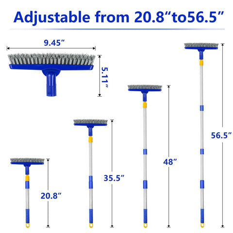 2 Pack Long Handle Grout Brush With 56.5 Inch Swivel V Shape Scrub Tool adjustable sizes and dimensions shown