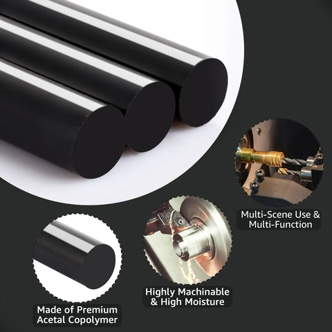 Ten Half Inch Black Acetal Copolymer Round Rods 12 Inch Long Bulk Pack Non Marring Fixture Ready POM Plastic Rods For DIY Projects Machining Prototyping And Crafting shown with machined rod ends
