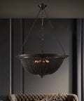 Heavy Duty Black Ceiling Pendant Light With Tassel Aluminum Chain Adjustable Hanging Chandelier For Vintage Cafe And Tea House Slick Finish, viewed from below in a modern setting.