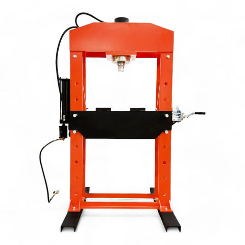Heavy Duty 75 Ton Hydraulic Shop Press With Air Assist And Dual Pistons For Bearing Pulling Gear Press And Metal Bending front view showcasing its strong red frame.