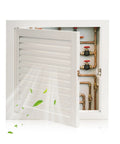 Premium White Aluminum Louvered Access Door For Standard Drywall Walls delivering solid ventilation, 9.5x9.5in, revealing plumbing inside.