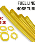 Four Size Fuel Line Hose Kit For 2 Cycle Small Engines Fits Trimmers Blowers Chainsaws And Lawn Mowers Includes Four Common Id And Od Sizes With Four Feet Of Fuel Line For Easy Replacement And Wide Compatibility Budget Friendly showing four yellow hoses.