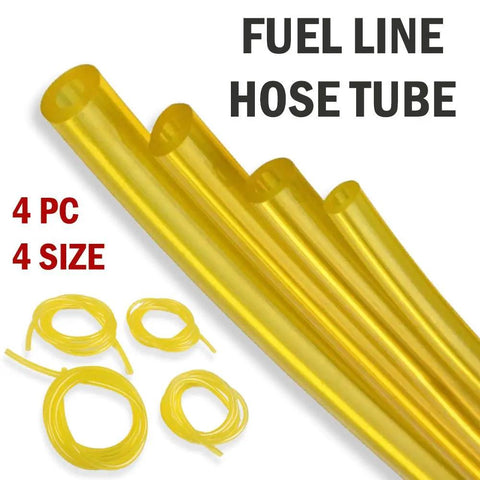 Four Size Fuel Line Hose Kit For 2 Cycle Small Engines Fits Trimmers Blowers Chainsaws And Lawn Mowers Includes Four Common Id And Od Sizes With Four Feet Of Fuel Line For Easy Replacement And Wide Compatibility Budget Friendly showing four yellow hoses.