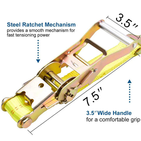 Beefy Heavy Duty Axle Tie Down Straps Kit With Ratchet And Snap Hooks And Floating D Ring, 2 Inch By 114 Inch, 4 Pack, Classic Yellow, 10000 Lb Break Strength, 3300 Lb Safe Working Load