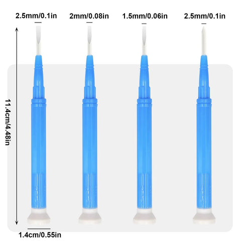 Four Piece Ceramic Screwdriver Set With Non Conductive Slotted Tips And Anti Static Plastic Build For Safe Electronics Work Featuring Ergonomic Handles And Lightweight Design That Make Phone Repair An Absolute Breeze, displaying various sizes.