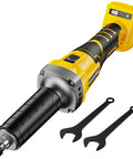 Heavy Duty Game Changer 1100W Brushless Cordless Die Grinder with DeWalt 20V battery, includes wrenches for use.