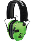 Razor Slim Electronic Earmuffs For Shooting And Hunting, Ultra Low Profile Fit, Viz Green Hearing Protection, side view.
