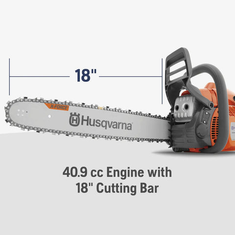 18 Inch Gas Chainsaw With Smart Start And Inertia Chain Brake, 40cc 2.4 HP engine, close-up of cutting bar and engine