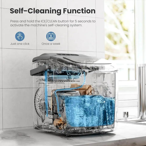 Portable Countertop Ice Maker With Carry Handle Quick Bullet Ice For Party Ready Vibes Lightweight Build shows self-cleaning function and parts.